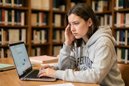 Étudiante cherchant son identifiant Toutatice ac-rennes sur un ordinateur portable en bibliothèque universitaire