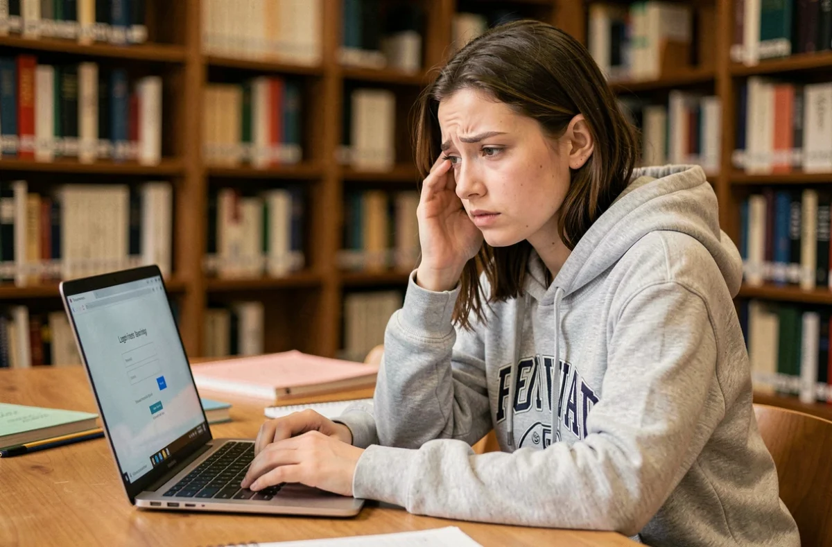 Étudiante cherchant son identifiant Toutatice ac-rennes sur un ordinateur portable en bibliothèque universitaire