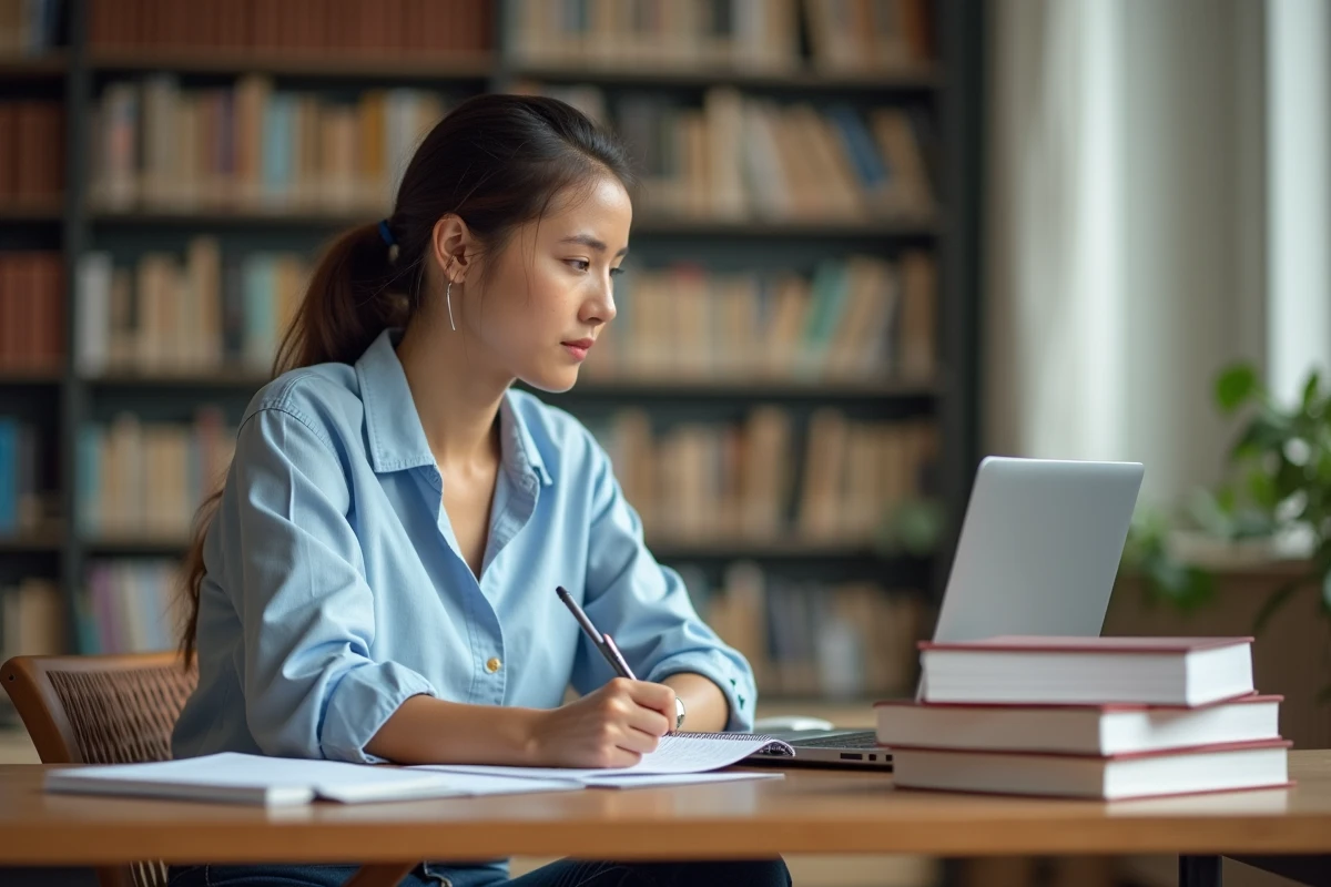 Étudiante en première année de licence révisant ses cours à la bibliothèque universitaire avec un ordinateur portable et des manuels de droit pour se préparer à ENTASSAS