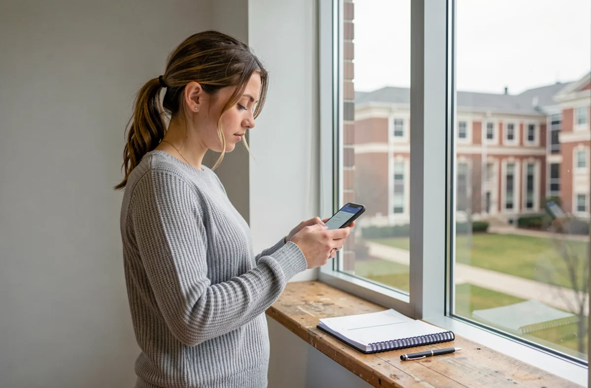 Étudiante consultant ses mails universitaires sur smartphone près d'une fenêtre avec un agenda ouvert sur le rebord
