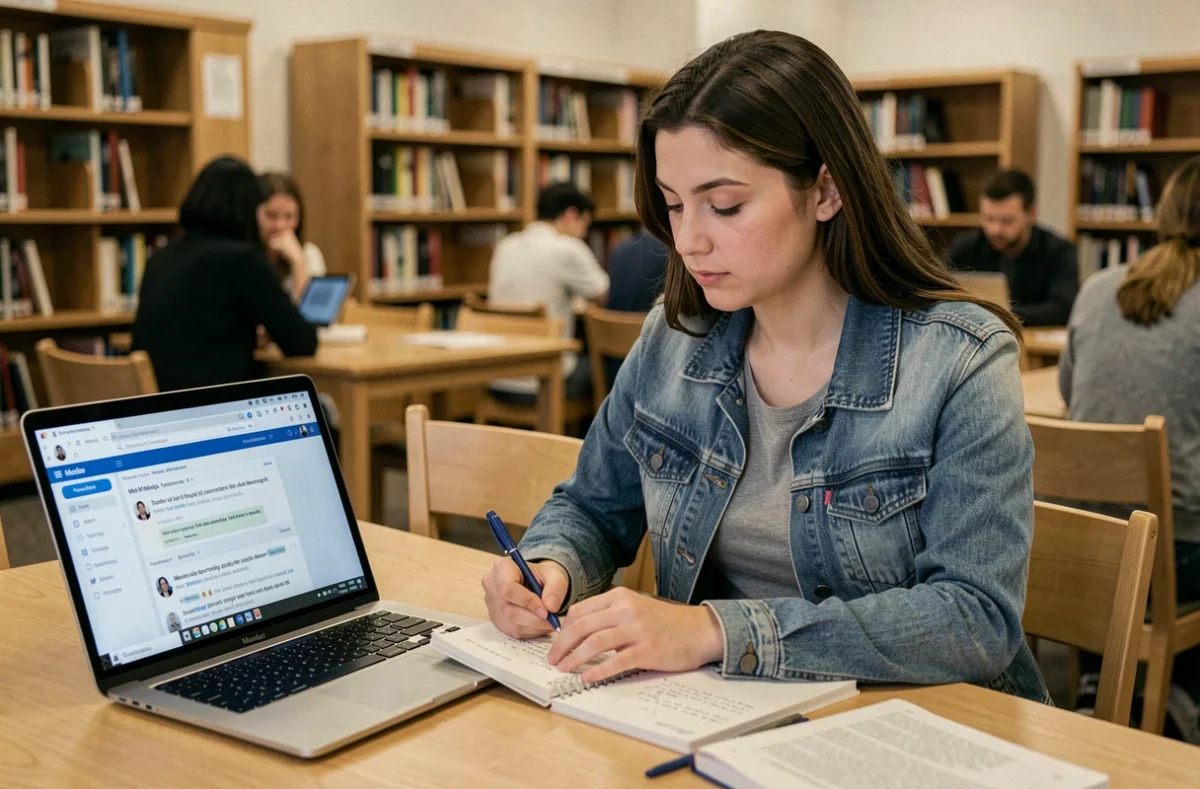 Étudiante prenant des notes manuscrites en consultant ses messages et ressources sur Moodle GRETA en bibliothèque