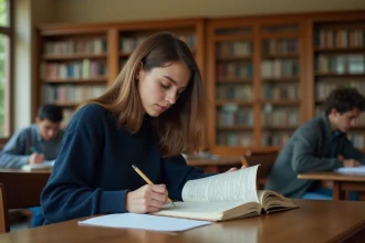 Étudiante en prépa ECE révisant ses cours dans une bibliothèque universitaire de province