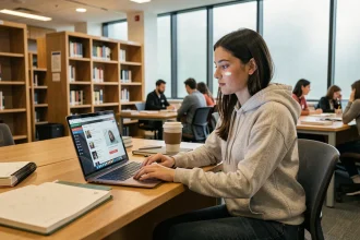 Étudiante utilisant la plateforme PSB Learn sur un ordinateur portable dans une bibliothèque universitaire moderne en 2026