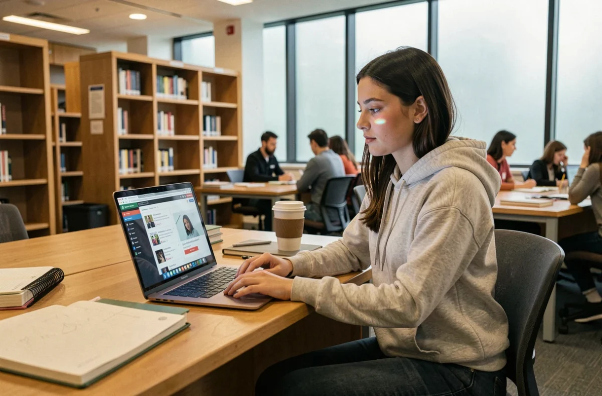Étudiante utilisant la plateforme PSB Learn sur un ordinateur portable dans une bibliothèque universitaire moderne en 2026