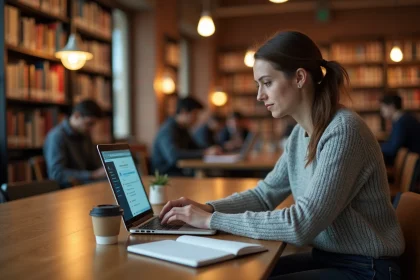 Étudiante de Sciences Po Bordeaux consultant son espace numérique de travail sur ordinateur portable dans une bibliothèque universitaire