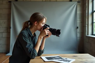 Étudiante en photographie tenant un appareil reflex dans un studio de cours à Toulouse, concentrée sur la prise de vue