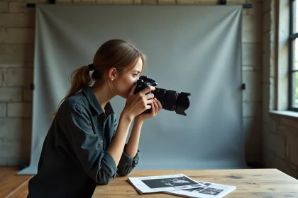 Étudiante en photographie tenant un appareil reflex dans un studio de cours à Toulouse, concentrée sur la prise de vue