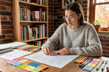 Jeune femme étudiant les tableaux de déclinaison allemand avec des fiches colorées sur un bureau en bois