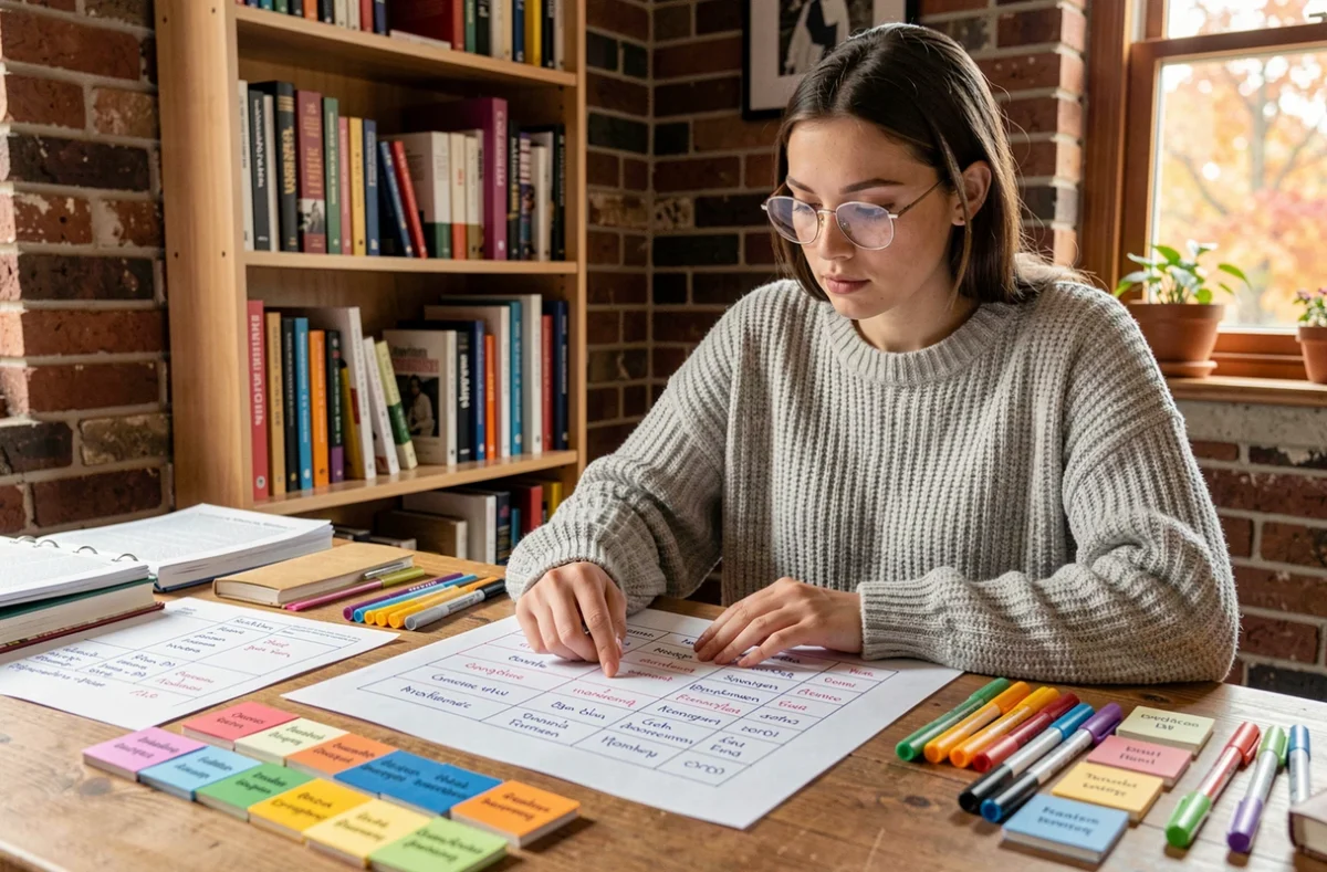 Jeune femme étudiant les tableaux de déclinaison allemand avec des fiches colorées sur un bureau en bois