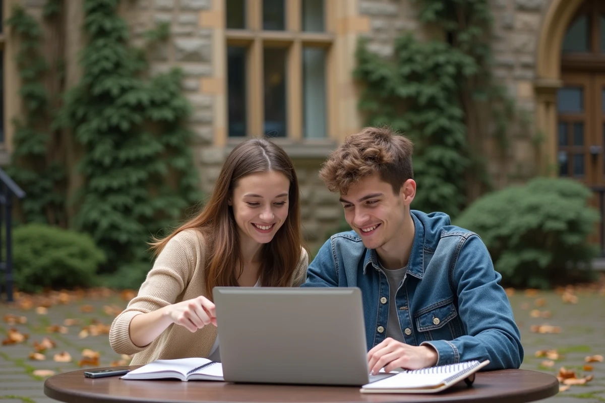 Deux étudiants consultant ensemble le portail de connexion Univ Angers en extérieur sur le campus