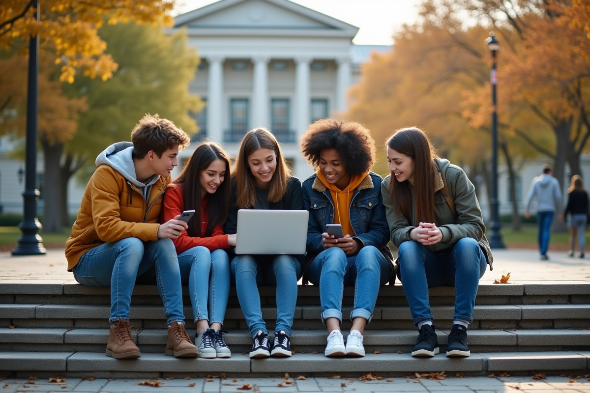 Groupe d étudiants collaborant sur les escaliers universitaires