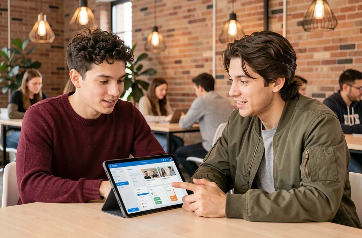 Deux étudiants de PSB Paris School of Business collaborant sur une tablette avec la plateforme PSB Learn dans un espace de coworking