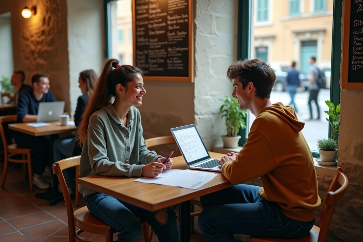 Deux étudiants comparant des offres de prépas ECE en province dans un café
