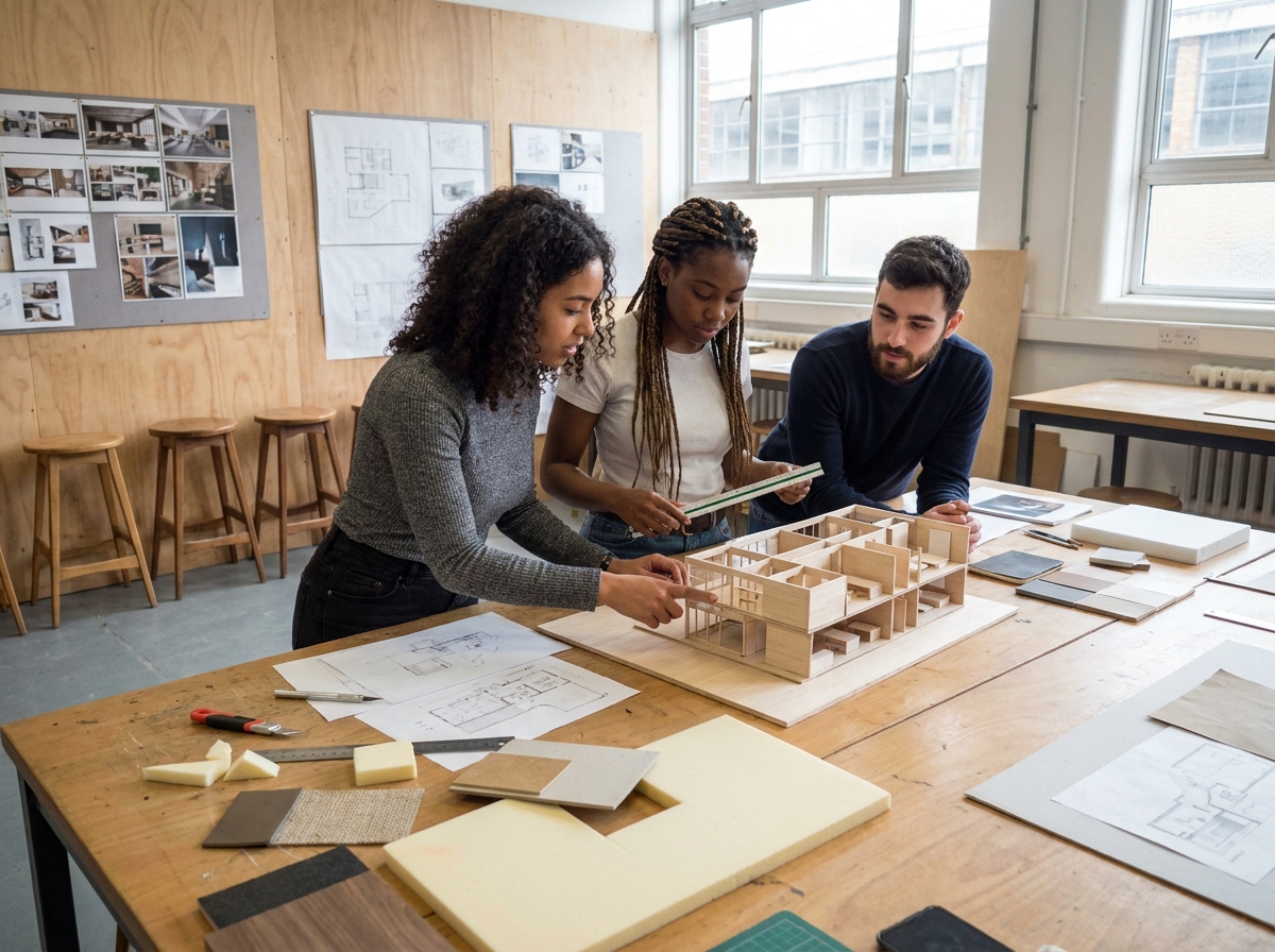 Groupe d'étudiants en design d'intérieur collaborant autour d'une maquette architecturale dans un atelier universitaire