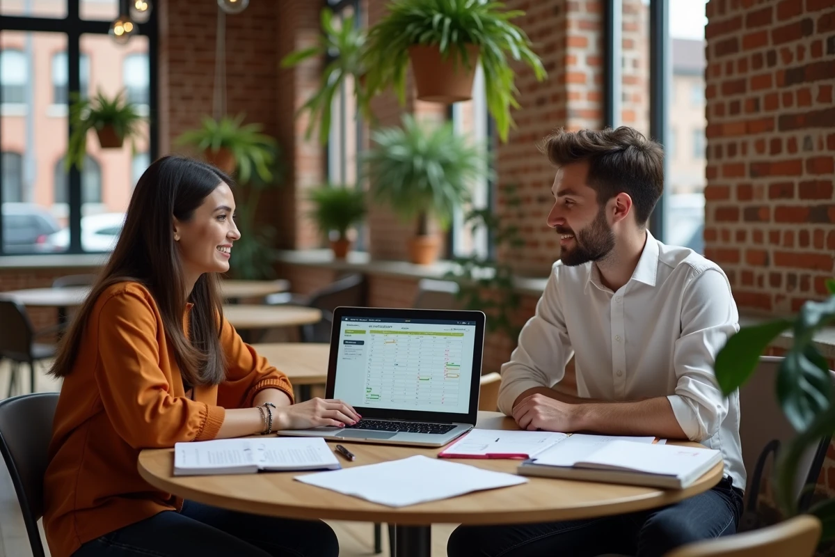 Deux étudiants de Sciences Po Bordeaux organisant leur planning universitaire ensemble sur l'ENT dans un espace de coworking du campus