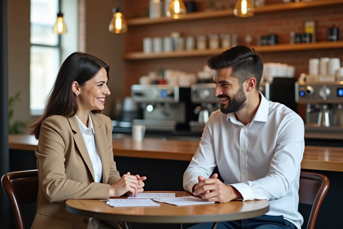 Deux jeunes professionnels qui s'exercent à la partie orale du TOEIC ensemble dans un café urbain avec des fiches de conversation