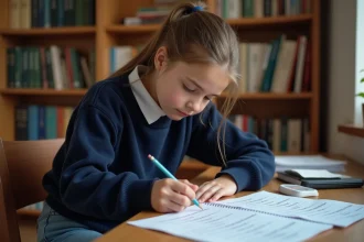 Adolescente faisant des exercices corrigés sur les classes grammaticales à son bureau avec des fiches imprimées