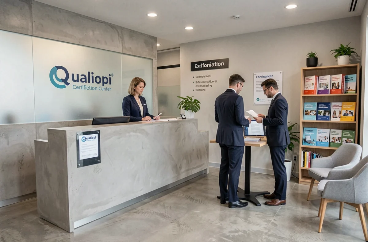 Accueil d'un centre de formation certifié Qualiopi avec réceptionniste et apprenants adultes consultant des documents d'inscription dans un espace professionnel moderne