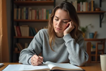 Femme adulte révisant des exercices de ponctuation française dans un bureau à domicile avec cahier et stylo