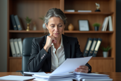 Femme d affaires en réunion lisant des documents officiels