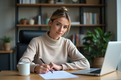 Femme en bureau moderne remplissant un formulaire financier