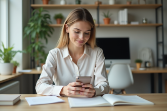 Jeune femme utilisant une application sur smartphone au bureau