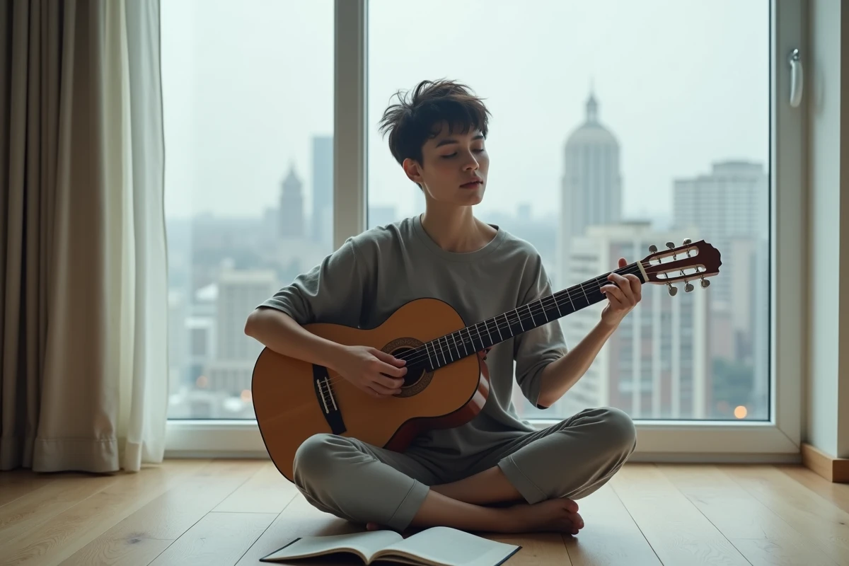 Jeune femme assise au sol apprenant l'accord Gm en barré sur une guitare classique à cordes nylon