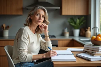 Femme moyenne &acirc;ge &eacute;crit des verbes fran&ccedil;ais dans un cahier