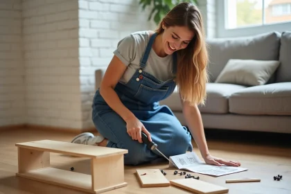 Femme assemblant une étagère en bois dans un salon avec un tablier en jean, apprentissage bricolage ludique à domicile