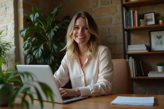 Femme souriante travaillant dans un bureau cosy à Besançon