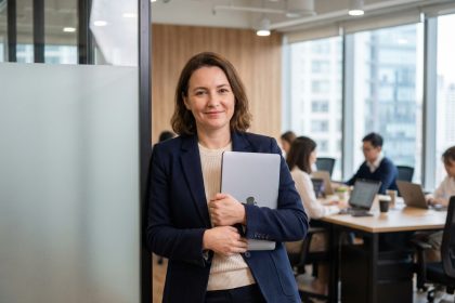 Femme d'une quarantaine souriante dans un espace de coworking moderne