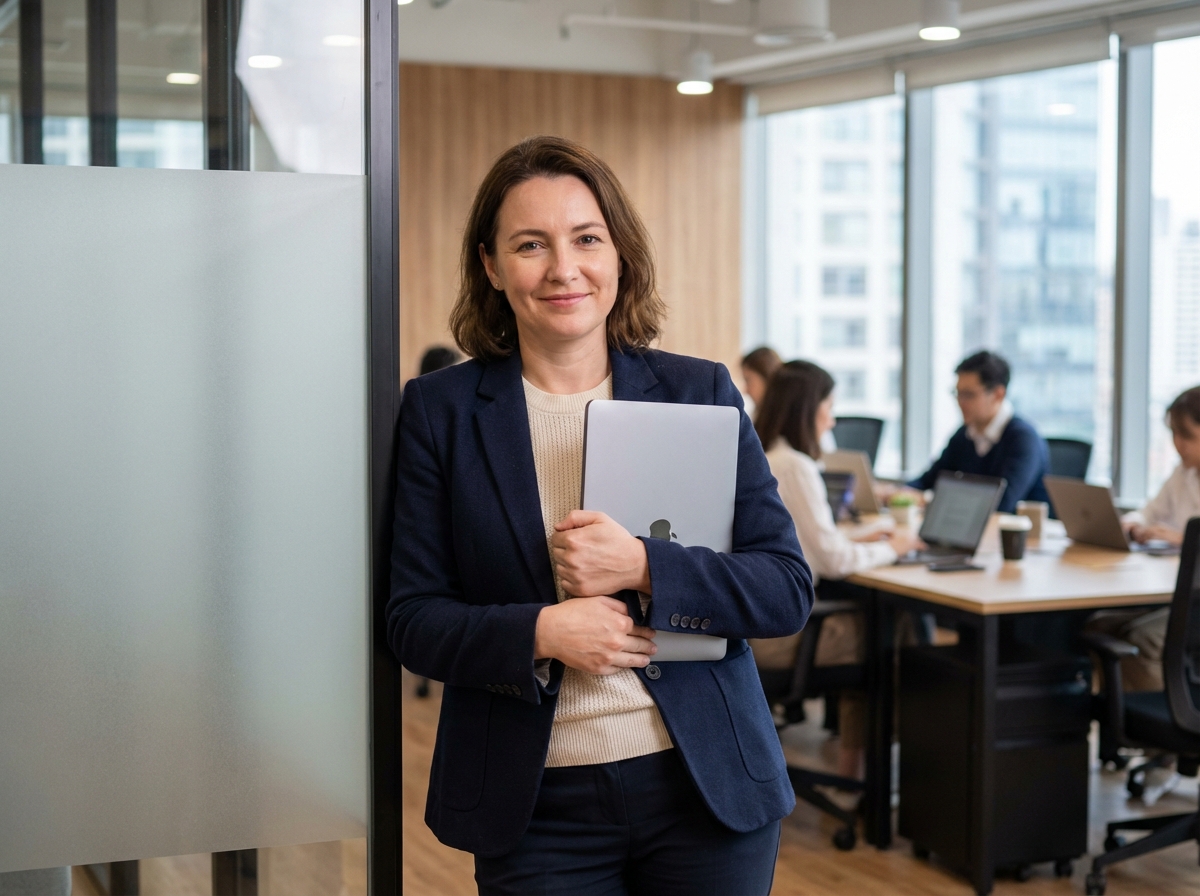 Femme d'une quarantaine souriante dans un espace de coworking moderne