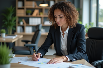 Femme en tenue professionnelle au bureau en pleine concentration