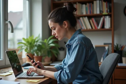Femme concentr&eacute;e travaillant sur son ordinateur &agrave; domicile