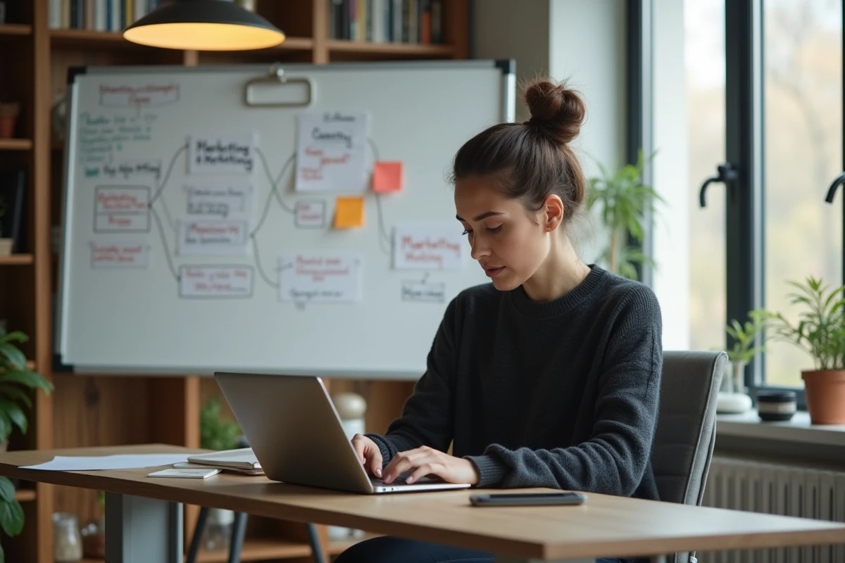 Femme concentrée travaillant sur un ordinateur dans un bureau moderne
