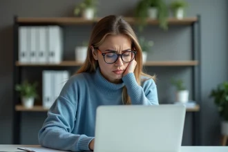 Femme concentrée travaillant sur son ordinateur dans un bureau moderne