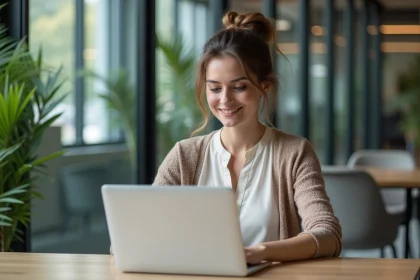 Femme en blouse et cardigan dans un bureau moderne