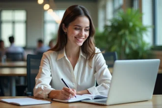 Jeune femme concentrée au bureau avec ordinateur et notes