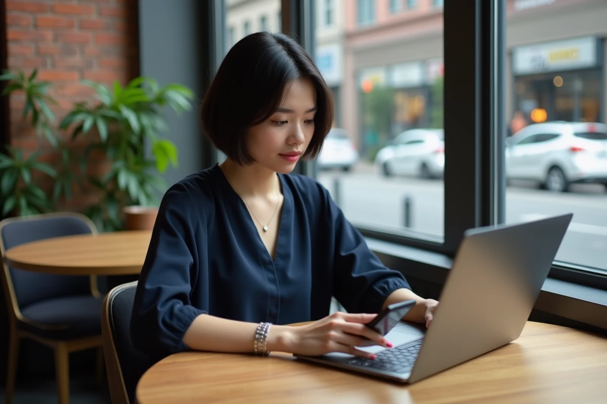 Jeune femme travaillant sur son ordinateur au caf&eacute;