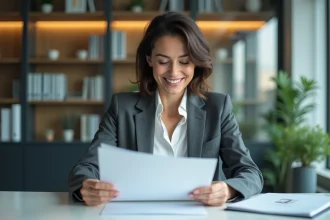 Femme confiante examinant un certificat dans un bureau moderne