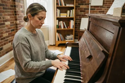 Femme compositrice jouant du piano dans un studio à domicile, mains sur le clavier, ambiance chaleureuse et créative