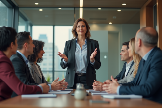 Femme confiante en réunion d'affaires dans un bureau moderne