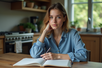 Jeune femme pensant à la cuisine avec un carnet