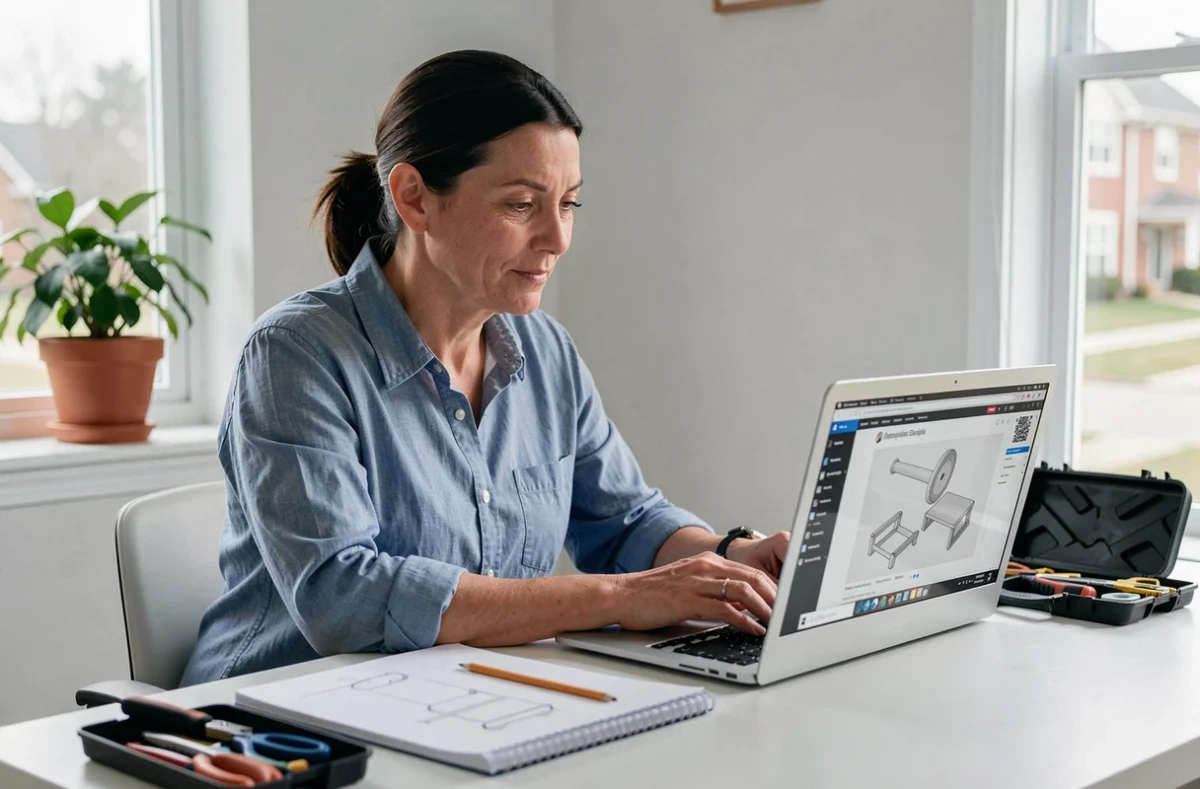 Femme regardant un cours de bricolage en ligne sur un ordinateur portable dans un bureau à domicile moderne, représentant la formation en bricolage sans stress