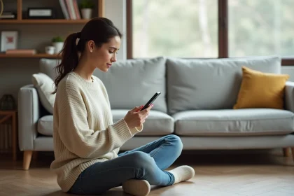 Jeune femme consultant ses cours en ligne sur smartphone via une application Moodle dans un salon moderne