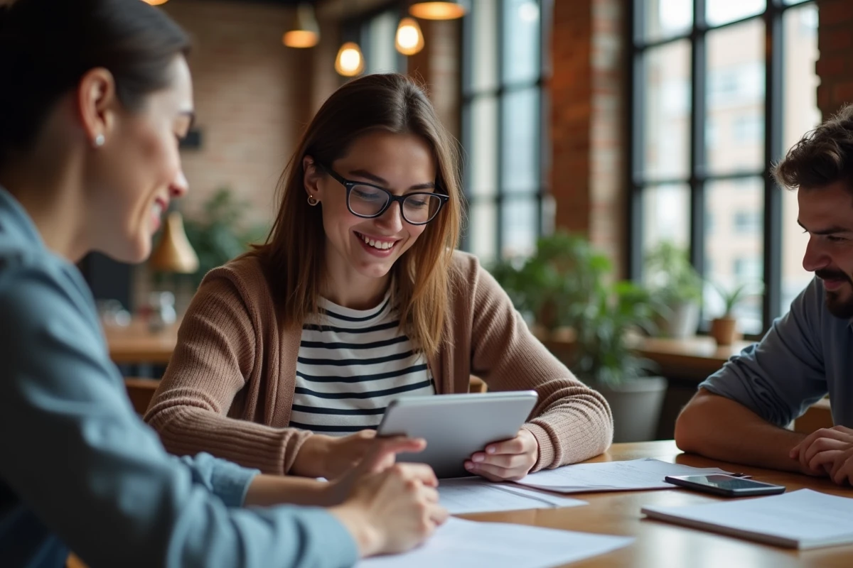 Jeune femme souriante utilisant une tablette en coworking