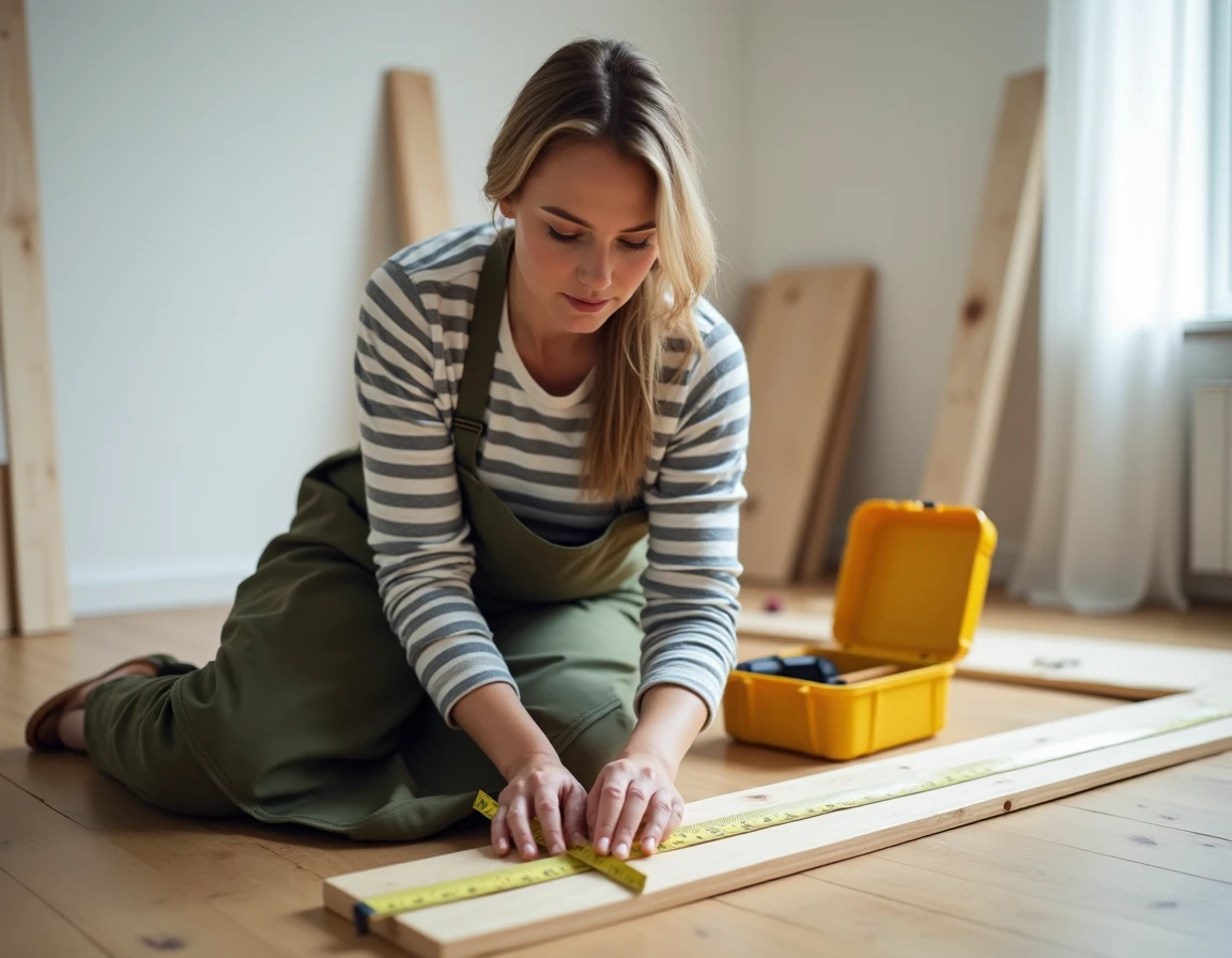 Femme débutante mesurant une planche en bois sur le sol lors d'un cours de bricolage pratique à domicile