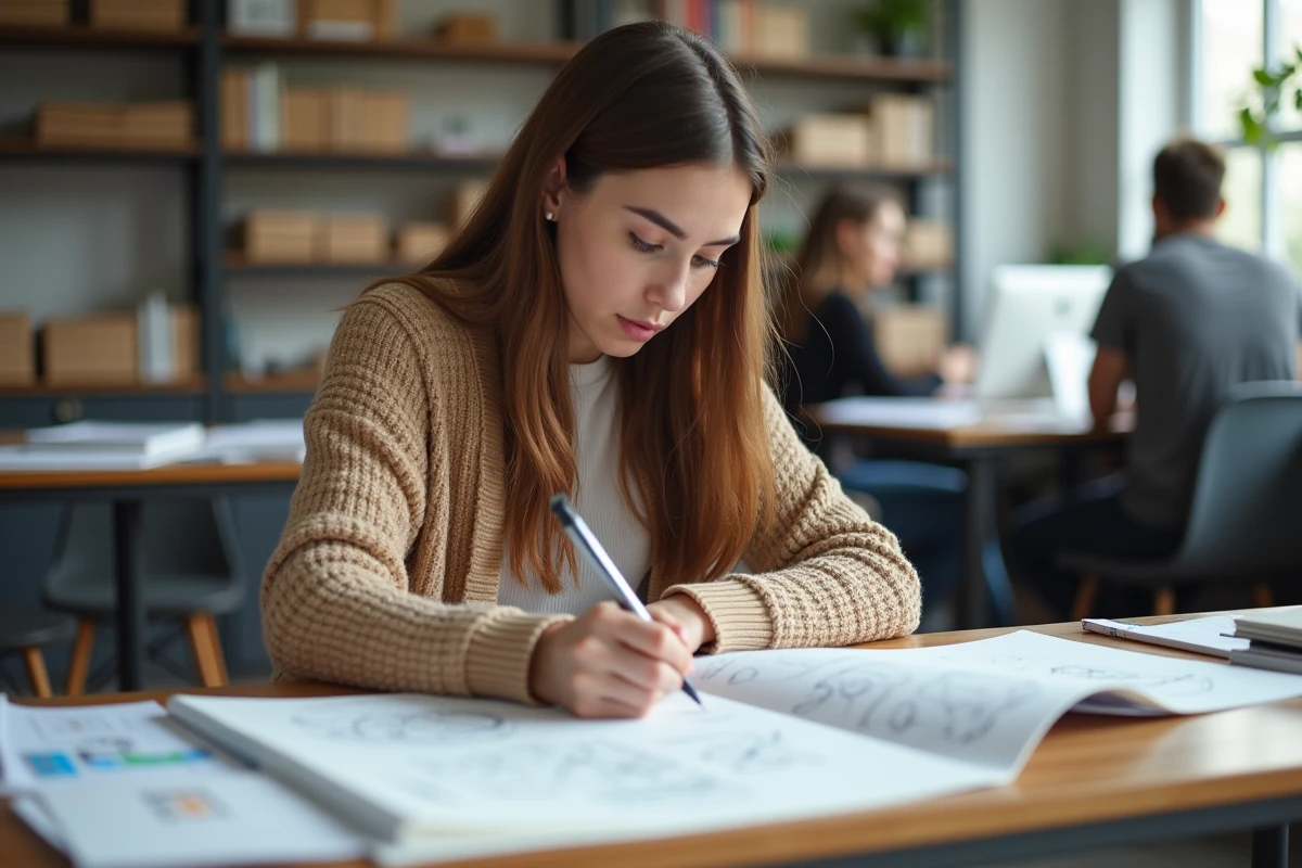 Femme esquissant dans un studio de design universitaire