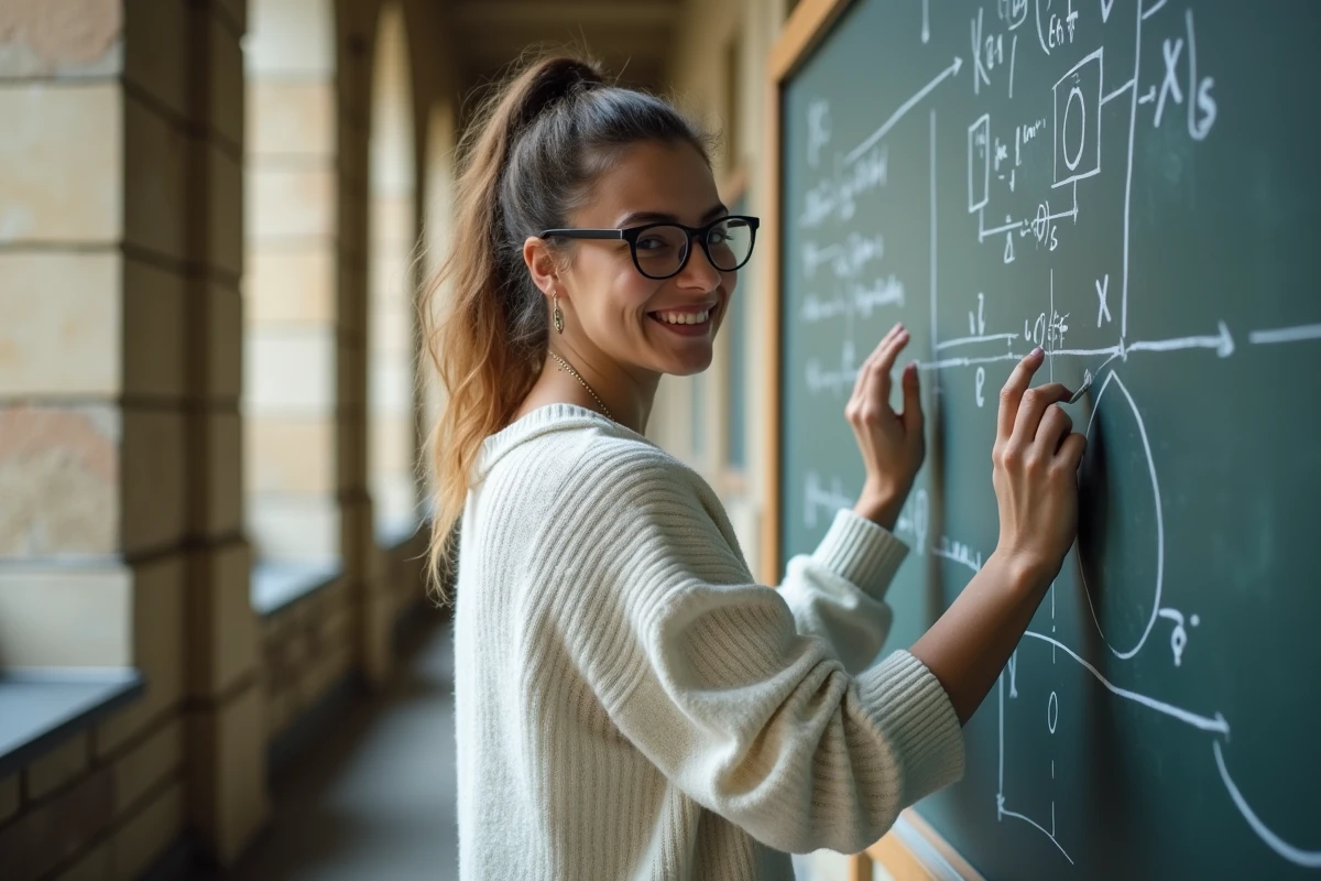 Jeune femme en classe devant un tableau de vecteurs et équations