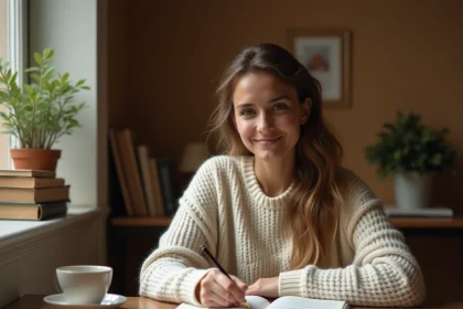 Jeune femme écrivant dans son journal intime à un bureau en bois avec un stylo plume, ambiance cozy et chaleureuse